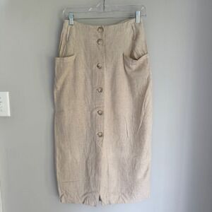 Vintage Express Linen Blend Beige Midi Skirt Buttons Pockets Neutral 90s Y2k 10